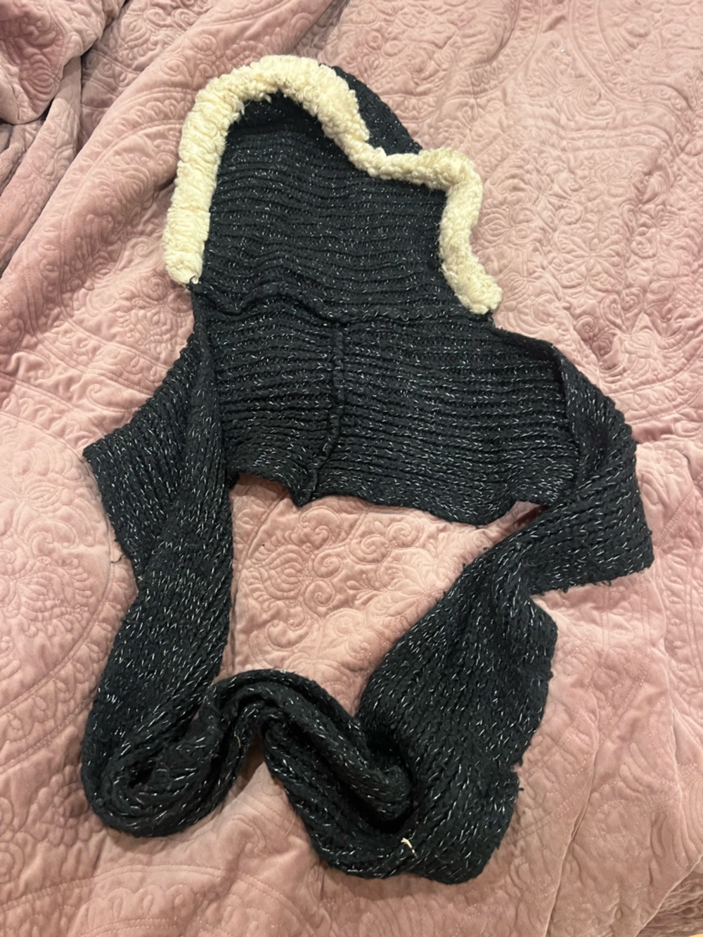 Cozy Black Metallic Thread Knit scarf with Faux Sherpa Trim